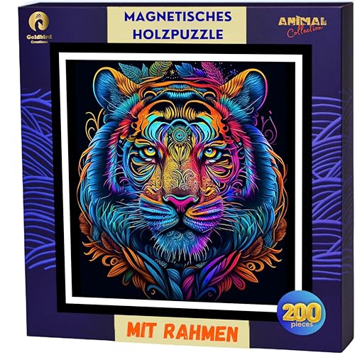 Holzpuzzle Mit Rahmen Für Erwachsene - Magnetische Holz Puzzle Tiere 200 Teile - Wooden Puzzle - Puzzle Holz Erwachsen Schwer - Wanddeko Wohnzimmer - Geburtstags Weihnachten Geschenke (Tiger) von Goldbird Creations