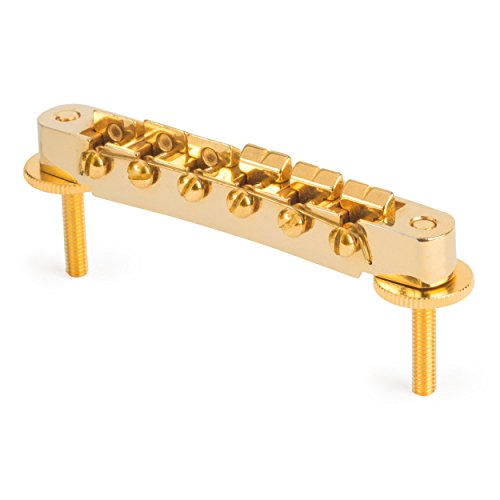 Golden Age Tune-o-Matic Bridge Gold für Gitarre mit verstellbaren Intonationsschrauben und gerändelten Rändelrädern von Golden Age