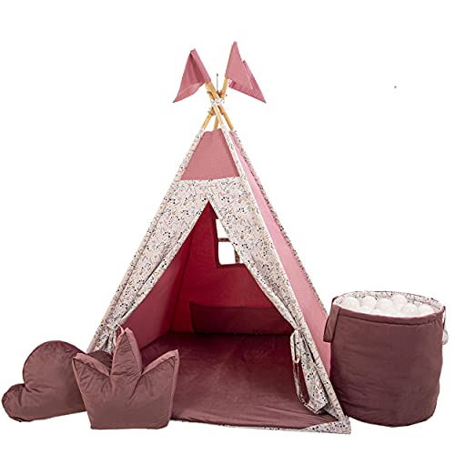 GOLDEN KIDS Tent Teepee mit Bodenmatte, Kissen & Bällen - Tipi Zelt Kinderzimmer - Tippi Kinderzelt Mädchen - Tipi Zelt für Kinder - Spielhaus Kinder Indoor - Indoor Spielgeräte - Himbeere von Golden Kids