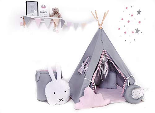 Kinder Teepee Tipi Set für Kinder Spielzeug drinnen draußen Spielzelt Zelt 8 Elemente dabei Tipi-Set Indianer Indianertipi mit Fenster usw. (mit Zubehör, Grauer Hase) von Golden Kids