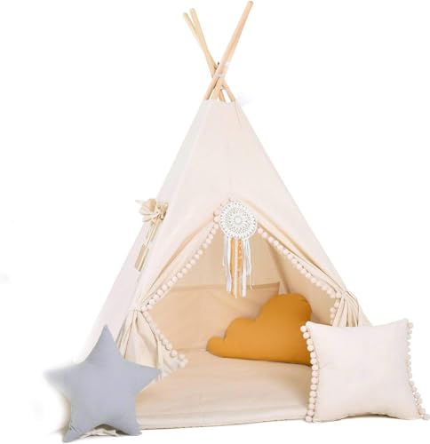 Kinder Teepee Tipi Set für Kinder Spielzeug drinnen draußen Spielzelt Zelt 8 Elemente dabei Tipi-Set Indianer Indianertipi mit Fenster usw. (mit kleinem Zubehör Beiger Wolf) von Golden Kids