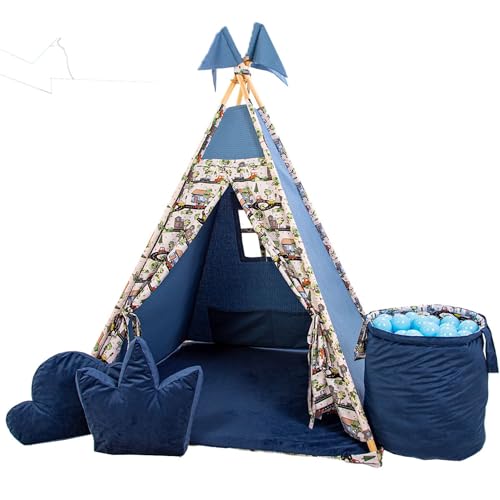 GOLDEN Kids Tent Teepee mit Bodenmatte, Kissen & Bällen - Tipi Zelt Kinderzimmer - Tippi Kinderzelt Junge - Tipi Zelt für Kinder - Spielhaus Kinder Indoor - Indoor Spielgeräte - Autos von GoldenGroup