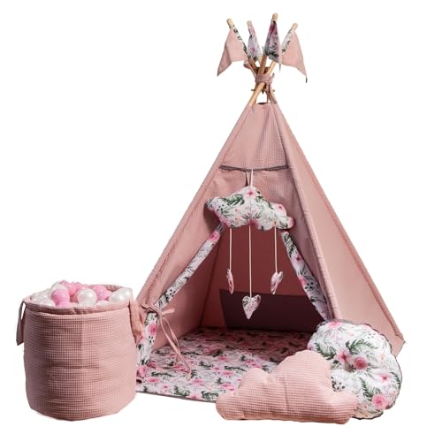 GOLDEN Kids Tent Teepee mit Bodenmatte, Kissen & Bällen - Tipi Zelt Kinderzimmer - Tippi Kinderzelt Mädchen - Tipi Zelt für Kinder - Spielhaus Kinder Indoor - Indoor Spielgeräte - Rosengarten von GoldenGroup