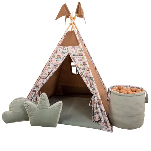 GOLDEN Kids Tent Teepee mit Bodenmatte, Kissen & Bällen - Tipi Zelt Kinderzimmer - Tippi Kinderzelt Mädchen - Tipi Zelt für Kinder - Spielhaus Kinder Indoor - Indoor Spielgeräte - Teddybär Bahn von GoldenGroup