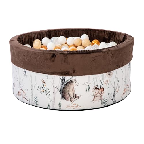 GoldenGroup Baby Forest Friends 90x40 cm Bällebad mit 200 Bällen - Spielzeug - Bällebad aus Samt - Rundes Bällebad aus Schaumstoff - Baby Forest Friends Bällebad -Braun: Weiß, Beige,Transparent,Gold von GoldenGroup