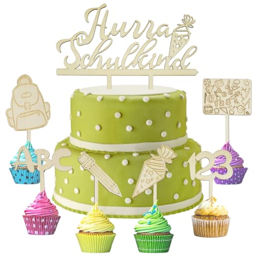 7 Stück Tortendeko Einschulung Holz Cake Topper Set Schulkind Hurra Schulkind Tortendeko Schulanfang Kuchen Dekoration für Mädchen Junge Schulanfang Party Deko Geringe Größe von Goldenland