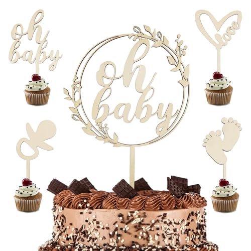 Goldenland Oh Baby Cake Topper Holz 5 Stück, Oh Baby Tortendeko, Baby Kuchen Topper Kuchendeko Tortendeko für Babyparty, Baby Shower Deko, Gender Reveal Partydeko Kindertaufe von Goldenland