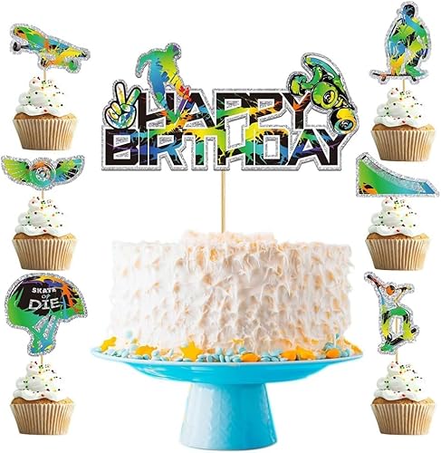 Goldenland Skateboarding Tortendekorationen Farbig 1 Groß Happy Birthday Cake Topper und 6 Stück Skateboard-Zubehör Cupcake für Outdoor-Sportarten Thema Kuchen Deko Kinder Geburtstagsparty Dekoration von Goldenland