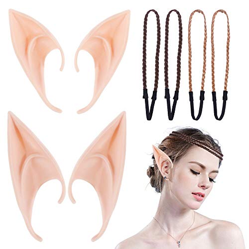 Goldge Elfenohren Set (Elfenohr/Latexohr/falsches Ohr * 2 Paare und 4 pcs Perücken Twist Zopf Stirnband) für Halloween Cosplay Karneval Party Fasching Kostüm von Goldge