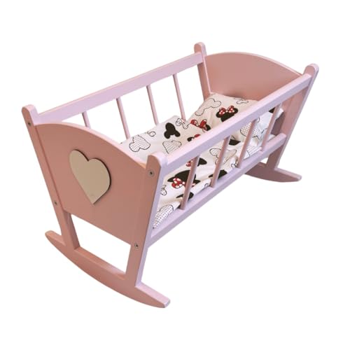 GOLDKIDS - Puppenbett Holz - Baby Puppen Bett Puppenwiege mit Bettwäscheset aus Baumwolle - Rosa - 53 x 33 x 32 cm von Goldkids