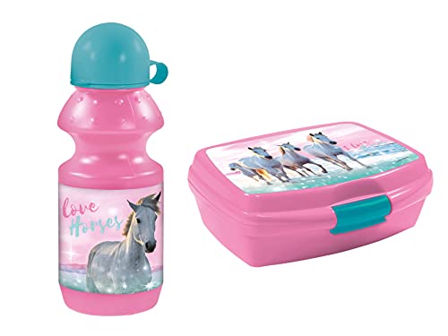 Goldkids I Love Horses Pferde Brotdose 16,5 x 13 x 6 cm Kinder Lunchbox Brotzeitdose Brotkasten für Frühstück Box Trinkflasche Schule Freizeit Kunststoff-Box inkl leuchtender Anhänger von Goldkids