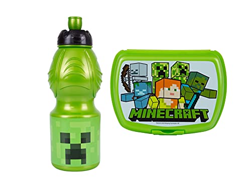 Goldkids Minecraft Brotdose 18 x 13,5 x 6,5 cm Kinder Lunchbox Brotzeitdose Brotkasten für Frühstück Box Trinkflasche Schule Freizeit Kunststoff-Box inkl leuchtender Anhänger von Goldkids