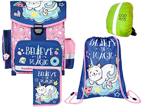 Schultaschen-Set 4-teilig ergonomischer Schulranzen Bambino Premium Ranzen Tornister Schultasche Federmappe Turnbeutel Mädchen Caticorn Katze von Goldkids