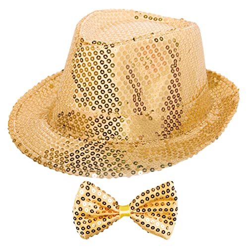 Goldschmidt Kostüme Paillettenhut & Fliege Set | Trilby Fedora mit Pailletten | Hut Partyhut Fasching Karneval Party (gold) von Goldschmidt Kostüme