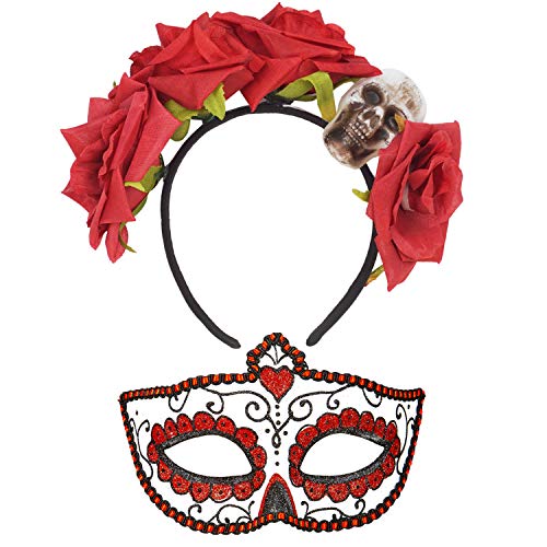 Goldschmidt Dia de los Muertos Set | La Catrina Blumen-Haarreif & Augen-Maske | Halloween Tag der Toten Accessoires (rot) von Goldschmidt