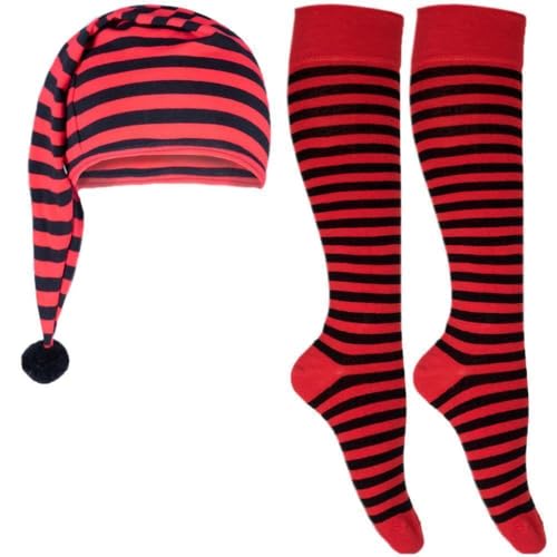 Ringelstrümpfe & Zipfelmütze | Set für Erwachsene & Kinder | Kniestrümpfe Schlafmütze Ringel Streifen | Fasching Karneval (rot schwarz, 27-30) von Goldschmidt