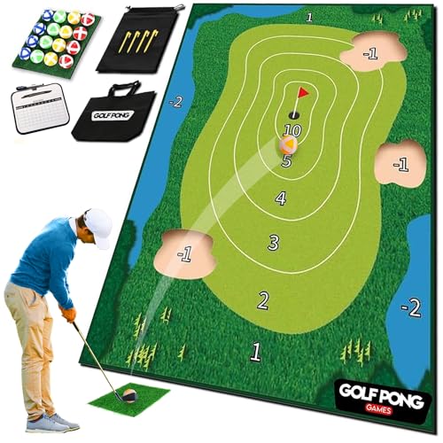 Full Swing Sports,Golf Chip Off Challenge Chip und Stick Spiel,Battle Royale Golfspiel mit 1.8 mx1.2 m Premium Golf Chipping Matte, 16 Klett-Bälle,Indoor & Outdoor Spielen,(KEIN Schläger enthalten) von Golf Pong