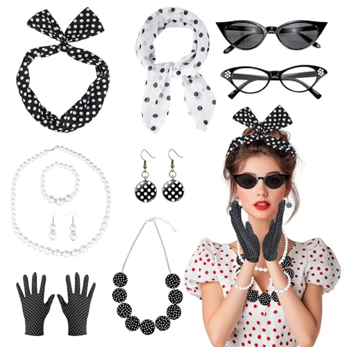 Golgner 10 Stück 50er Jahre Accessoires Damen, Rockabilly Accessoires, 1950s Kostüm Set mit Chiffon Schal Handschuhe Brille Polka Dot Stirnband Ohrringe Halskette für Retro Teily Party von Golgner