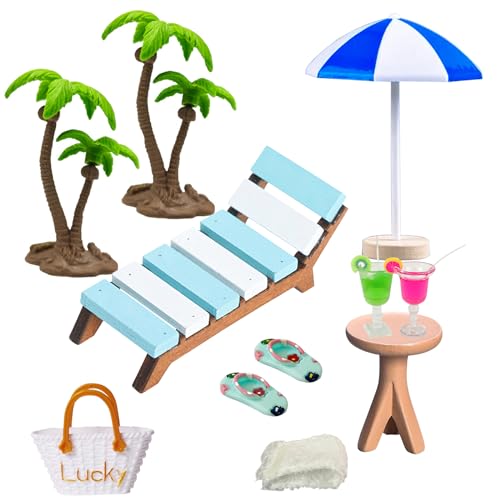 Golgner 11 Pcs Miniatur Deko Sauna Zubehör, Strand Mikrolandschaft, Strand Deko Miniatur Set, mit Mini Strandkorb Korb Hausschuhe Badetuch Kokosnussbaum, für DIY Puppenhaus Dekoration, Geschenkidee von Golgner