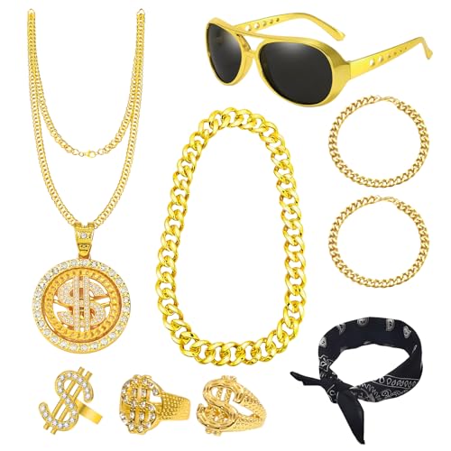 Golgner 9 Stück Hip Hop Kostüm Set, Zuhälter Kostüm, Hip Hop Rapper Accessories, 70er 80er 90er Jahre Outfit Herren, Dollar Kette Ringe Armbänder Stirnband, für Karneval Cosplay von Golgner