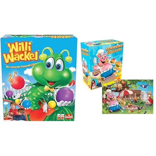 Set mit 2 Spielen: WILLI WACKEL + Schweine Schwarte Puzzle – Brett-, Action-, Geschicklichkeits- und Geschwindigkeitsspiele für Kinder – Neues Spieleset – Spielen mit Freunden – 2+ Spieler – 4+ von Goliath Toys