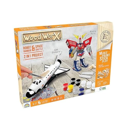 WOOD WORX – Modellbausätze aus Holz zum Bauen und Personalisieren – Schaffung von 2 Modellen Space Shuttle + Roboter Ranger – Farben und Aufkleber enthalten – kreative Freizeit – FSC-Holz – von Goliath Toys