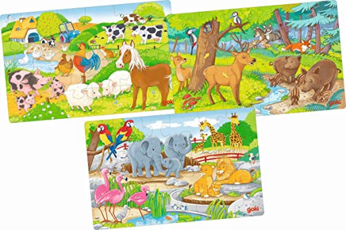 goki 57377 - Puzzles Tiere aus Holz - 3 verschiedene Motive mit Tieren - mit Waldtieren, Zootieren und Bauernhoftieren von goki