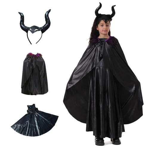 Goloxou 3 Teiliges Maleficent Kostüm Kinder Böse Königin Kleid mit Horn Stirnband Umhang für Mädchen Halloween Party Cosplay (L) von Goloxou