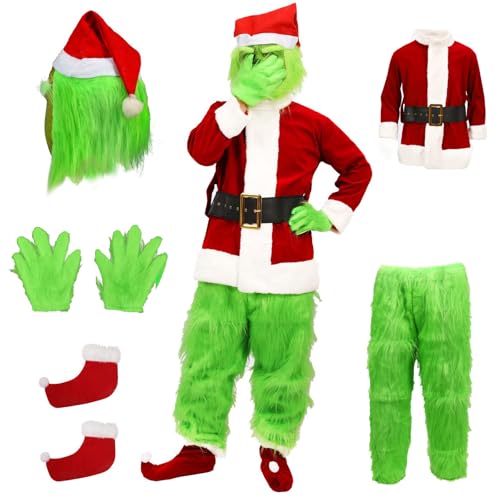 Goloxou 5 Teiliges Weihnachtskostüm mit Grünem Monster Pelzig Weihnachtsmann Outfit Set für Männer und Frauen Weihnachten Cosplay (XL) von Goloxou