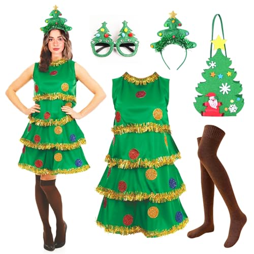 Goloxou 5 Teiliges Weihnachtsbaum Kostüm für Frauen Weihnachtsbaum Kleid Set mit Brille Tasche Socken Stirnband für Erwachsene Urlaub Cosplay (L) von Goloxou