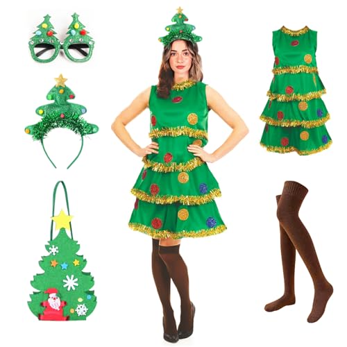 Goloxou 5 Teiliges Weihnachtsbaum Kostüm für Frauen Weihnachtsbaum Kleid Set mit Brille Tasche Socken Stirnband für Erwachsene Urlaub Cosplay (M) von Goloxou