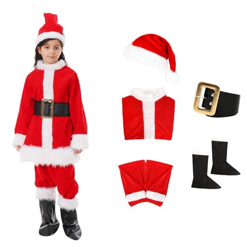 Goloxou 5 Teiliges Weihnachtsmann Kostüm Kinder Weihnachtsmann Outfit für Jungen und Mädchen Weihnachtsfeier Verkleiden Sie Sich (L) von Goloxou