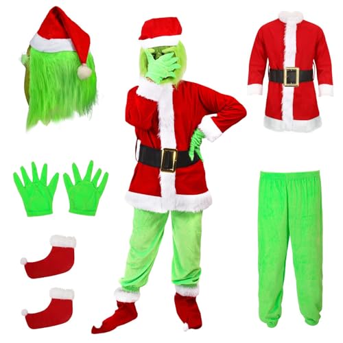 Goloxou 5Pcs Weihnachten Grünes Monster Kostüm Kinder Pelzigen Santa Claus Outfit Set für Kinder Weihnachten Cosplay (M) von Goloxou