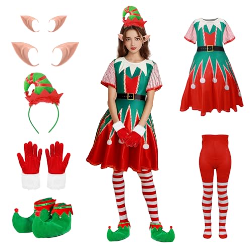 Goloxou 7 Teiliges Elfen Kostüm Damen Elfenkostüm Damen Weihnachtskostüm Karneval Outfit für Erwachsene Cosplay von Goloxou