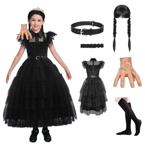 Goloxou Halloween Addams Kleid Mesh Kostüm Adams Familie Tanzkleid mit Dinghand für Mädchen Halloween Karneval Cosplay (L) von Goloxou