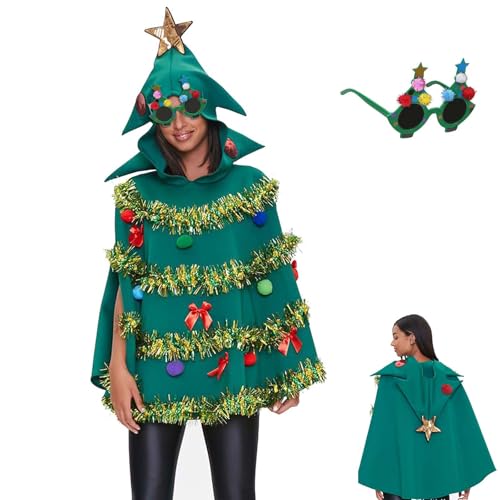 Goloxou Weihnachtsbaum Kostüm Damen Weihnachts Tannenbaum Kostüm Grünes Weihnachtsbaum Kleid für Erwachsene Party Cosplay (2Pcs) von Goloxou