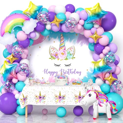 Golray Einhorn Geburtstag Dekorationen Party Supplies für Mädchen Lila Einhorn Ballonbogen mit Hintergrund Tischdecke Regenbogen Stern Folienballons Prinzessin Mädchen Einhorn Party Dekorationen von Golray