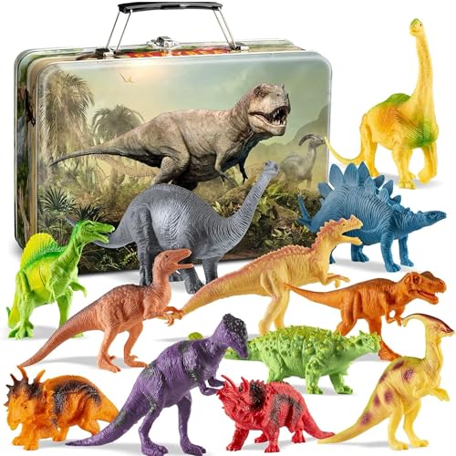 Gondola Dinosaurier Spielzeug Set für Kinder 3-5, 5-7, 8+ Jahre Alt - 12 Stück Dinosaurier Figuren, Dino Spiel Set mit T-Rex Geschenk für Junge und Mädchen mit Metall-Aufbewahrungsbox von Gondola