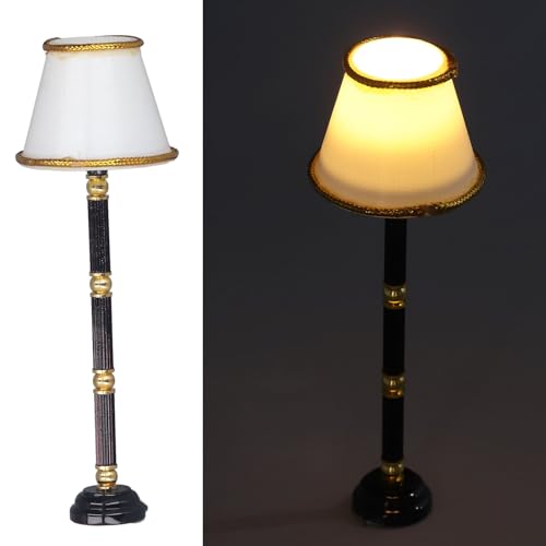 1:12 Dollhouse LED Lampe Miniaturbeleuchtung Stehlampe Tischlampe Warme weiße LED Leuchten Batterie Weiß braune Schreibtisch Lampe Puppe Haus Dekor Schlafzimmer Wohnzimmer Dekor von Gonetre