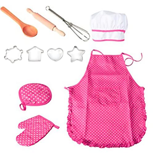 11-teiliges Küche Backen Kochmütze, Schürze für Mädchen, Ofenhandschuh, Schneebesen, Nudelholz, Backformen, Gepunktetes Kochspielzeug für Zum Spielen und Lernen in der Küche ab von Gonetre