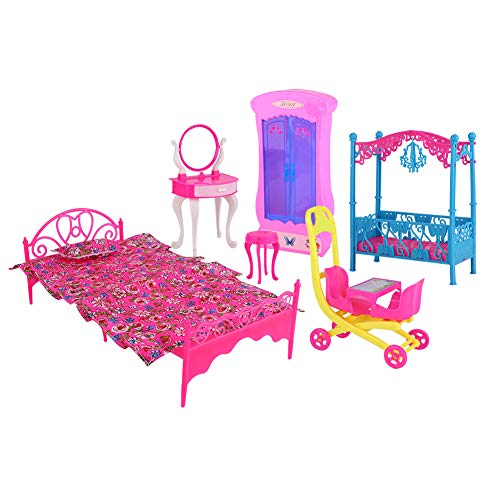 Kunststoff-Puppenhaus-Möbel-Set, Schöne Blumendetails, Kindergeschenk, Mini-Bett, Kleiderschrank, Tisch, Make-up-Spiegel für Prinzessinnenzimmer, Schlafzimmer, (Schlafzimmerset von Gonetre