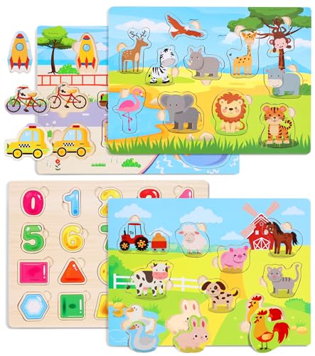 Gontence 4er-Set Holzpuzzle - Kleinkinder Spielzeug ab 2 3 Jahre - Montessori Spielzeug ab 1 Jahr - Puzzle ab 2 - Holzspielzeug Kinderspielzeug Motorikspielzeug - Steckpuzzle Holz ab 1 Jahr von Gontence