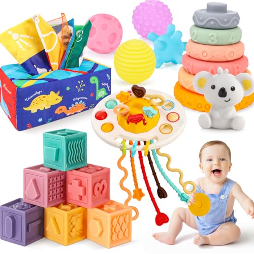 Gontence Montessori Spielzeug Baby 6 Monate, 5er-Set Baby Spielzeug 1 Jahr, Babyspielzeug Motorikspielzeug | TüCherbox Baby | Stapelturm Baby | Greifball für Babys, Geschenk 12 Monate von Gontence