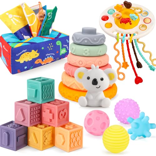 Gontence Montessori Spielzeug Baby 6 Monate, 5er-Set Baby Spielzeug 1 Jahr, Babyspielzeug Motorikspielzeug | TüCherbox Baby | Stapelturm Baby | Greifball für Babys, Geschenk 12 Monate von Gontence