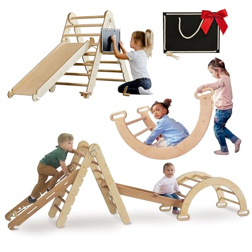 4-in-1 Montessori Klettergerüst Set: Indoor Kletterdreieck, Kletterbogen, Kletternetz und Rutsche für Kinder, Indoor Spielplatz 1-5 Jahre (XL-Größe) von Goodevas