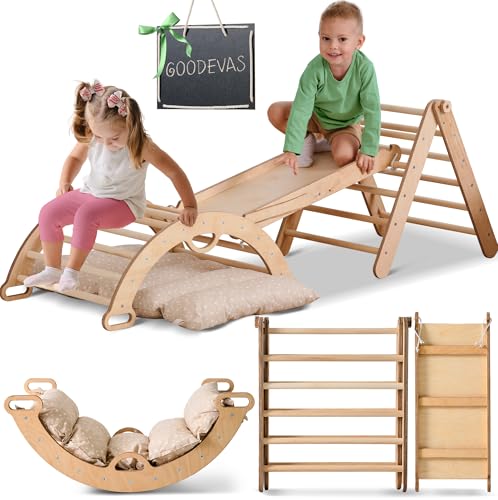 4-in-1 Montessori Klettergerüst Set: Indoor Kletterdreieck, Kletterbogen mit Kissen, und Rutsche für Kinder, Indoor Spielplatz 1-3 Jahre von Goodevas