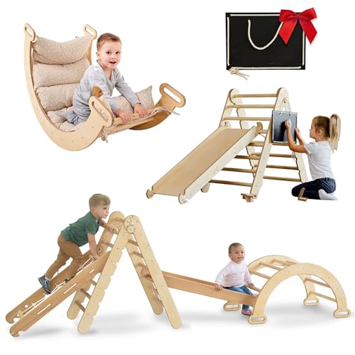 Goodevas 5-in-1 Montessori Klettergerüst Set: Indoor Kletterdreieck, Kletterbogen mit Kissen, Kletternetz und Rutsche für Kinder, Indoor Spielplatz 1-5 Jahre (XL-Größe) von Goodevas