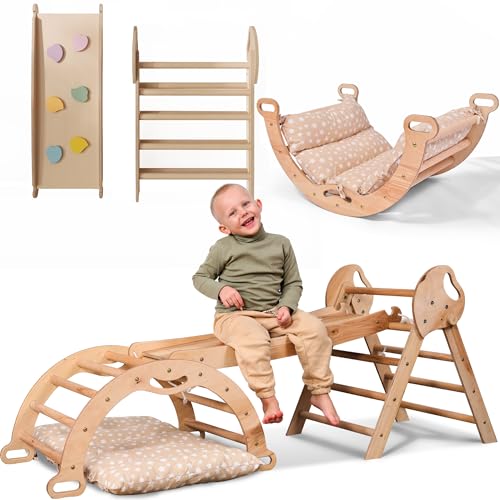 5-in-1 Montessori Klettergerüst Set: Indoor Kletterdreieck, Kletterbogen mit Kissen, und Rutsche für Kinder, Indoor Spielplatz 1-3 Jahre von Goodevas