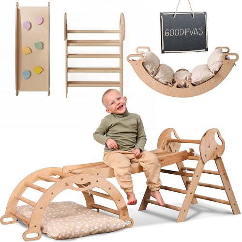 5-in-1 Montessori Klettergerüst Set: Indoor Kletterdreieck, Kletterbogen mit Kissen, und Rutsche für Kinder, Indoor Spielplatz 1-3 Jahre von Goodevas