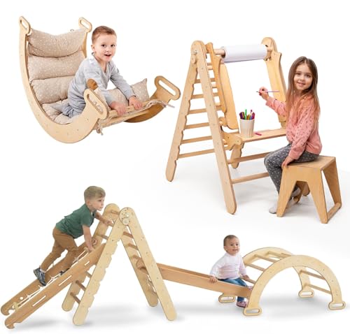 Goodevas 6-in-1 Indoor Klettergerüst für Kleinkinder - Dreiecksleiter, Bogen & Kletterrampe & Netz & Kissen, Kunstzusatz, Montessori Klettergerüst, Kinder Holzspielplatz für Kids von 1-5 Jahren von Goodevas